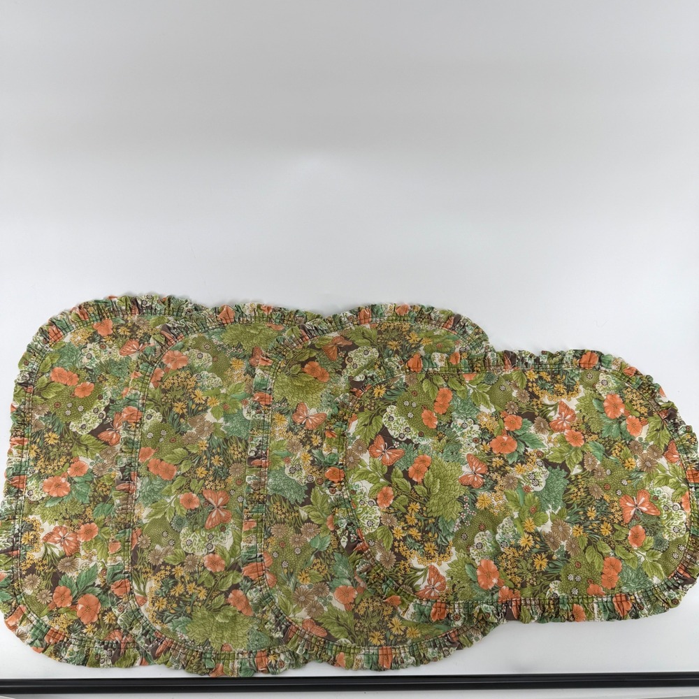 Vintage Quilted Butterfly Floral Ruffle Placemats Set of 4 Green Orange Oval
